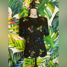 Vintage 80s Stenay Black Beaded Sequin Silk Dressy Event Party Zip Back Fall Top