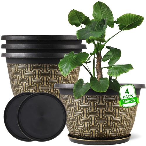 4 Pack 16 Inch Plant Pots Outdoor,Plastic-Large-Plant-Flower-Planters, Indoor...