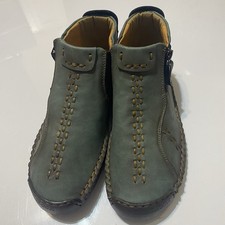 Green Hand-Stitched Leather Moccasin Ankle Boots Side Zip Size 36 / US 5.5