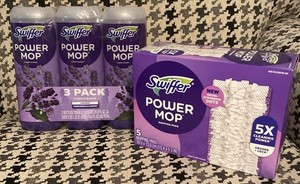 Box of (5) Swiffer Power Mop Mopping Pads & Pack of (3) Lavender Floor Cleaner!