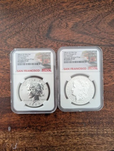2023 s reverse proof morgan and peace silver dollar set ngc rp 69 fr sf