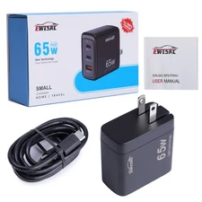 65W GaN USB Wall Charger | 3-in-1 PD Fast Charging Station Multi Port US Plug