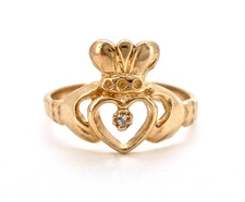 14K YELLOW GOLD ROUND DIAMOND CLADDAGH RING