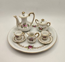 Vintage Victorian Miniature Porcelain Tea Set w/Rose Pattern  Gold Trim  Japan
