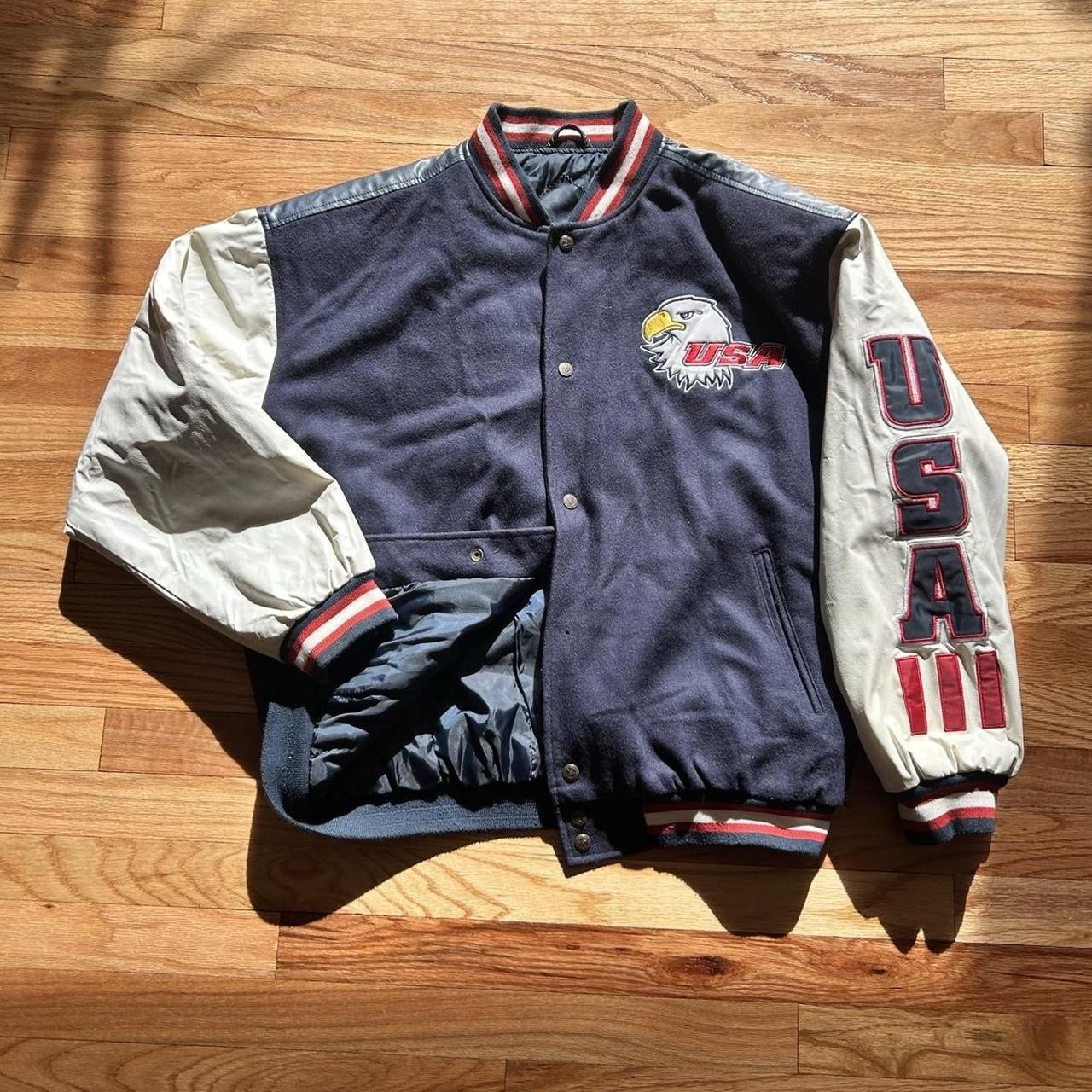 Steve & Barry's Men's Navy White Varsity Jacket L Snap Eagle USA Logo