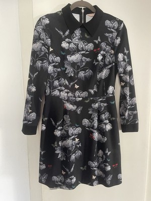 Ted Baker Kleid Gr. 2 / М Schwarz mit Blumen- & Schmetterlingsprint Elegant