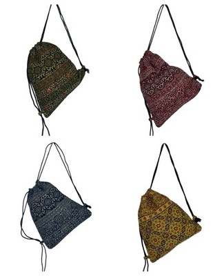 100% Baumwolle Kordelzug Rucksack mit Kantha-Stitch Faltbar Sporttasche Boho Ethno