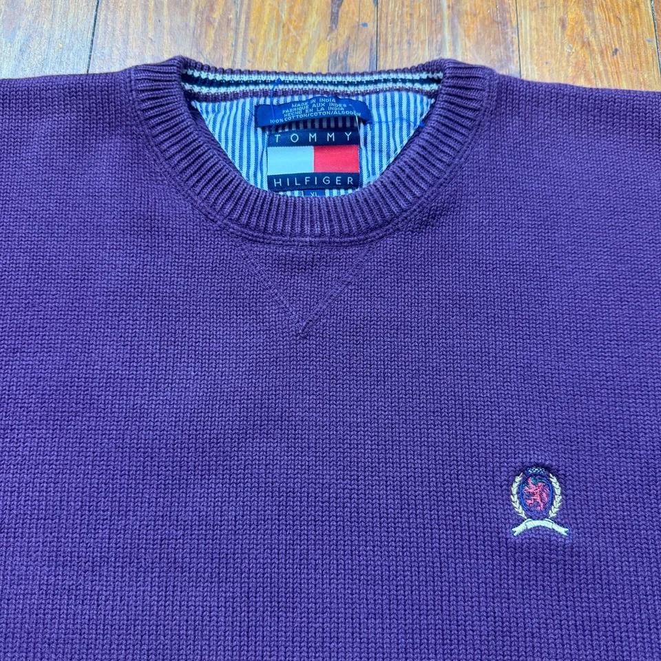 Suéter tejido Tommy Hilfiger vintage para hombre talla XL logotipo de escudo púrpura años 90 Foto 2 de 4