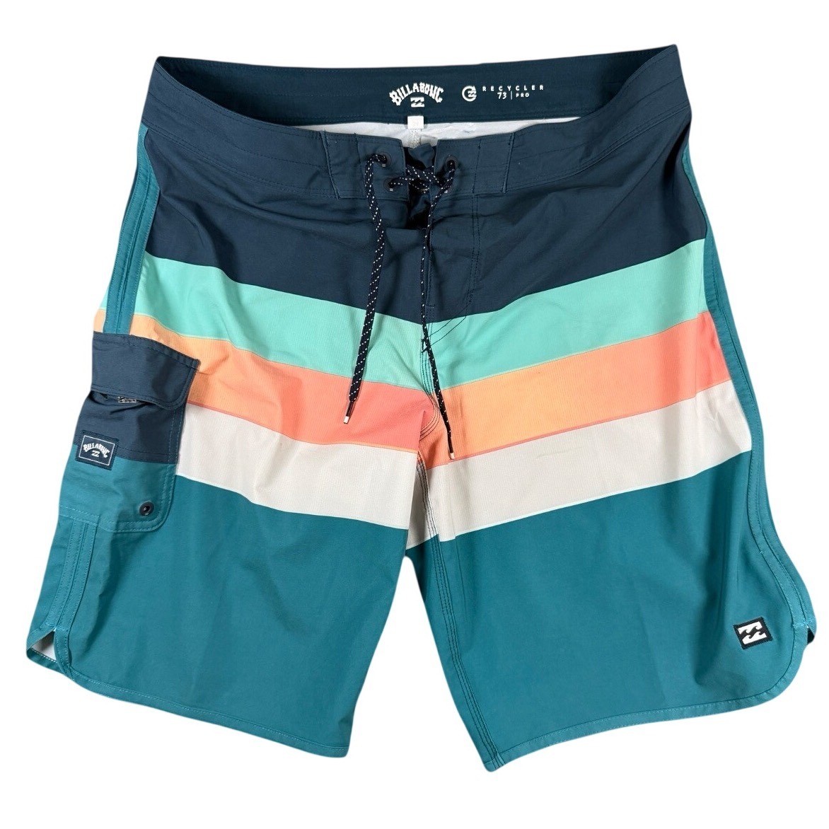 Billabong Recycler 73 Pro Board Shorts Mens 34 Teal Coral Striped Swim Trunks