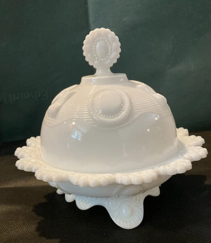 Vintage Footed Imperial Milk Glass Dewey Pattern Round Dome Covered Butter Dish