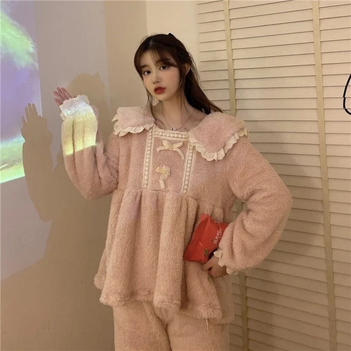 Women Winter Two-Piece Set princess Sweet Bow-Knot Ruffled Loose Plush Pajamas H - Picture 5 of 17