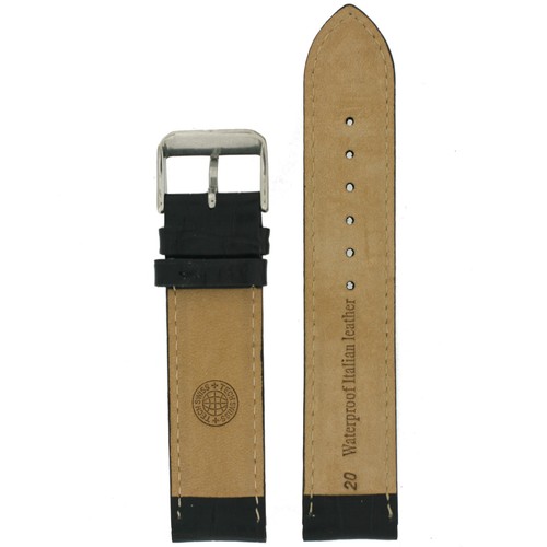 Watch Band Waterproof Leather Straight Cut Crocodile Grain Strap Black 18 -22mm - Picture 2 of 3