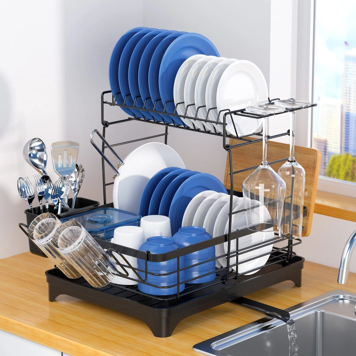 2-Tier Dish Drying Rack for Kitchen Counter Over The Sink, Larger Dish  Drying Rack Drainboard Set with Double-Layer Bowl Rack, Cup Rack, Drain  Board