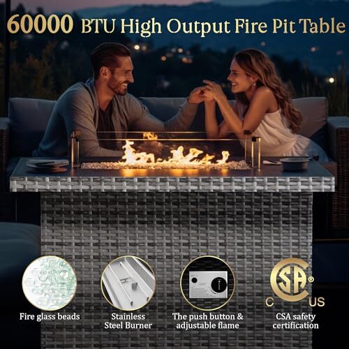 44-Inch Fire Pit Table with 60,000 BTU Flame, Hand-Weave Rattan, Aluminum - Picture 4 of 7