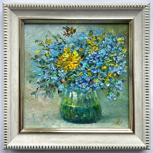 Bouquet Forget-me-not Original oil artwork Meadow flowers floral art 4х4in so - Picture 7 of 11