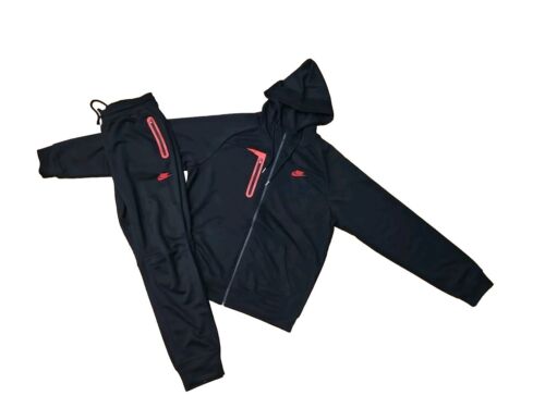 Neu Nike Tech Baumwolle Schweißanzug Reißverschluss Hoodie & Jogger Herren Set schwarz LG Netz - Bild 1 von 6