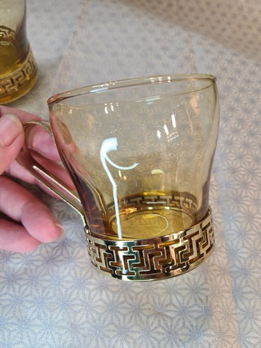 2 Libbey Continental Amber Glass Cups Vintage Metal Handle Mugs Greek Key Pair - Picture 4 of 11