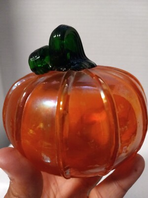 Vintage Pumpkin Hand Blown Iridescent Orange Glass With Green Stem