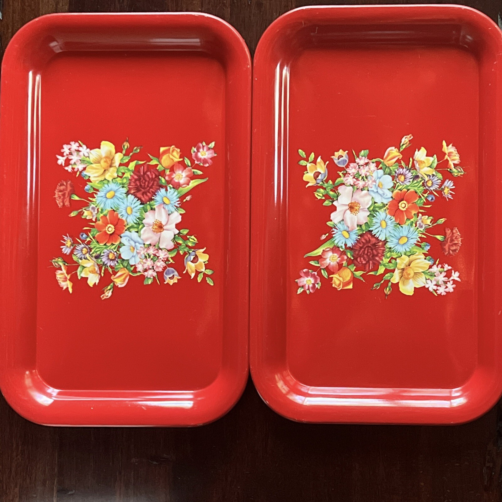 Vintage Metal Serving TV Dinner Lap Trays 14" x 9" Rectangle Red Floral