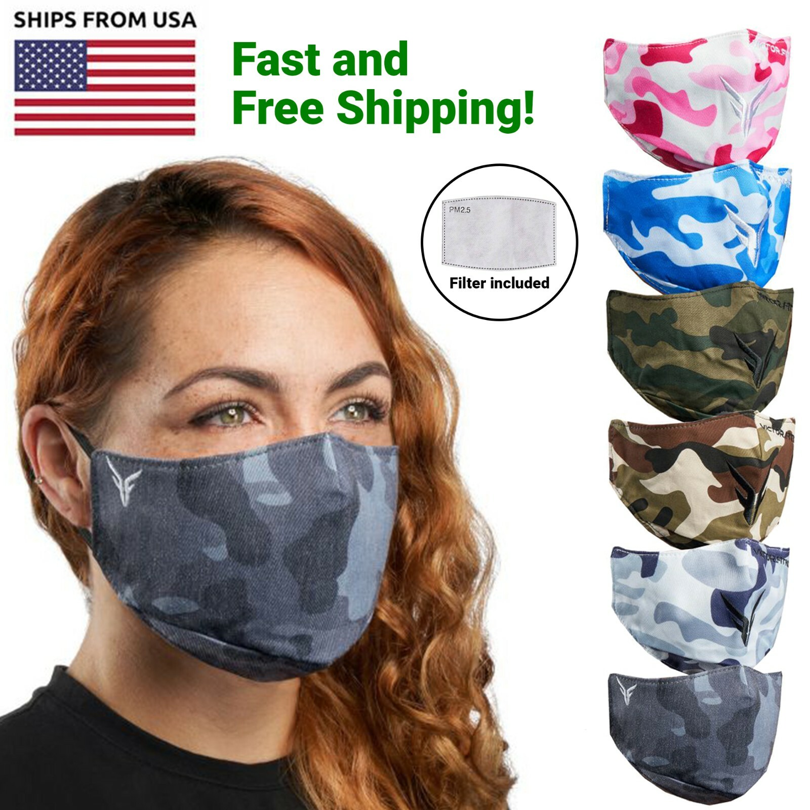 Victor Fitness VM25BC Green-Brown Camo Reusable Cloth Face Mask w/ Black Logo