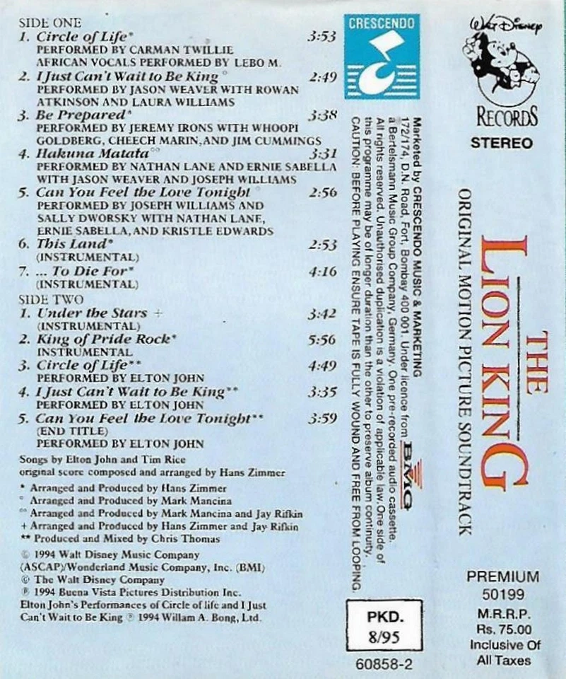  Elton John Tim Rice Hans Zimmer ‎The Lion King CASSETTE ALBUM  Soundtrack India - Image 3 of 4