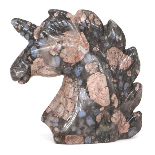 3" Unicorn Head Natural Gems Texas Llanite Blue Opal Carved Mystic Statue #25 - Picture 5 of 8