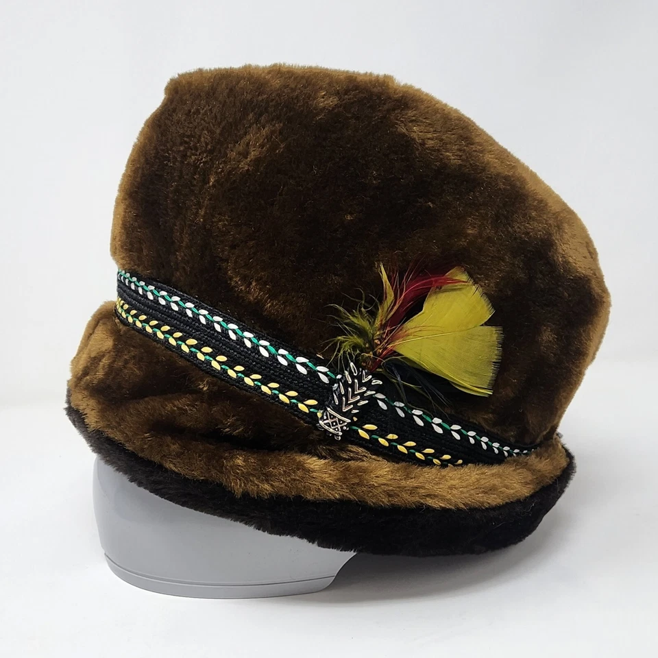 De colección Años 50 Forrado Fedora Marrón Imitación Piel Pluma Bordada Talla M 7-7 1/8 Foto 2 de 4