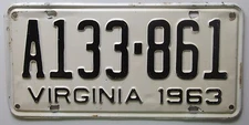 Virginia 1963 License Plate NICE QUALITY # A133-861