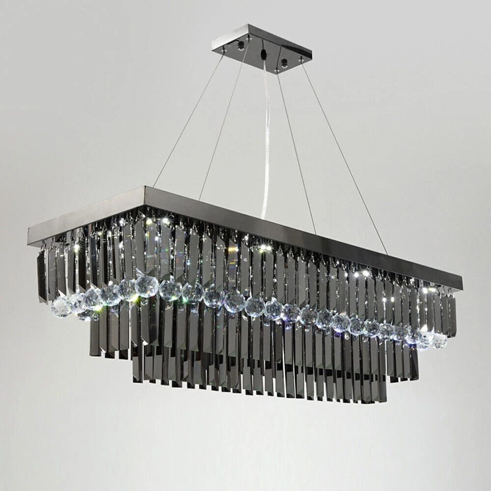 Black Rectangle Ceiling Lamp Chandelier Grey Crystal Pendant Light Dining Room