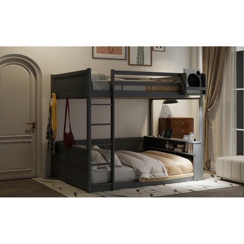 Queen Over Queen Size Wood Bunk Bed w/Storage Cabinets & Charging Station,White - Picture 41 of 48