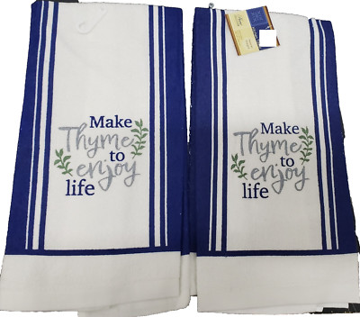 Set of 2 Same Printed Kitchen Towels(15''x25'') LEAVES,MAKE THYME TO ENJOY LIFE,GR