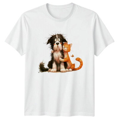 Hund Katze umarmt Tiere Grafik Herren T-Shirt Damen Tee Haustier Liebe Unisex