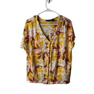Tahari White Floral Button 100% Linen Short Sleeve Blouse Size Large