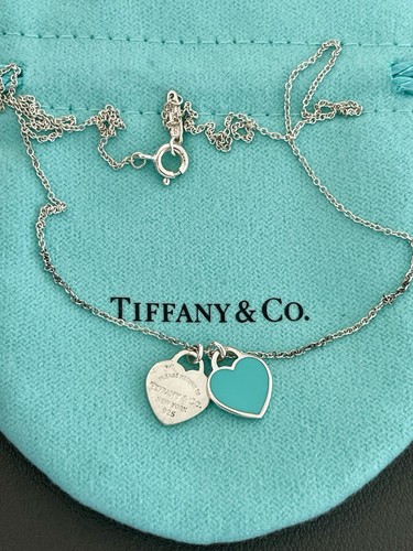 Tiffany & Co. Return to Double Heart Blue Enamel Necklace 18” Chain (L01) - Picture 2 of 8