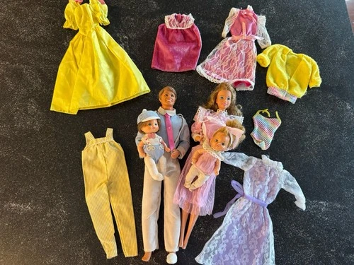 Vintage 1980s Heart Family Mom Dad Babies Barbie Dolls with Clothes.