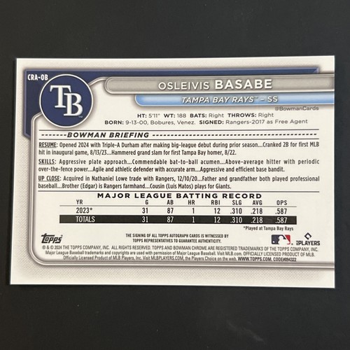 2024 Bowman Chrome Osleivis Basabe RC Mojo Refractor Auto 034/150 Rays #CRA-OB - Picture 3 of 8