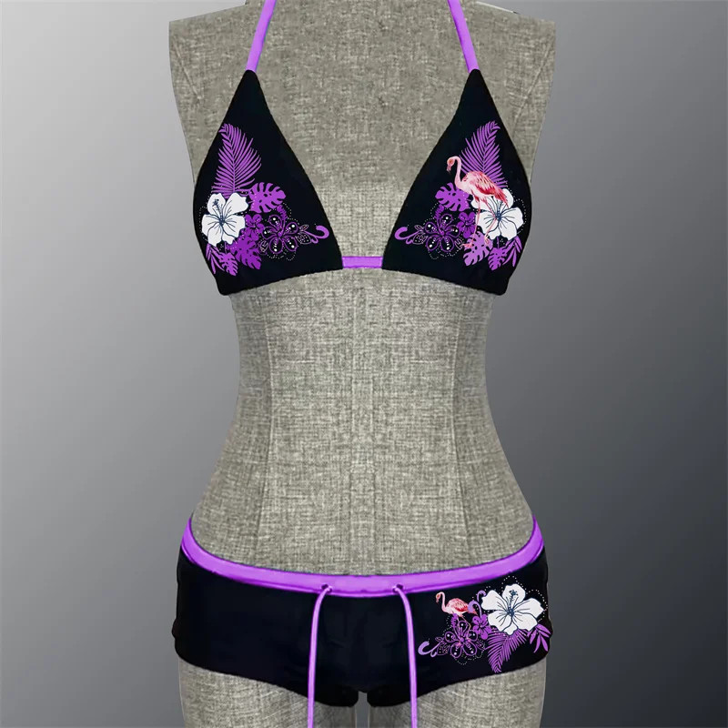 Y2k Vintage Flower Pattern Bikini Set Swimsuit Women Halter Triangle Lace Up Sho