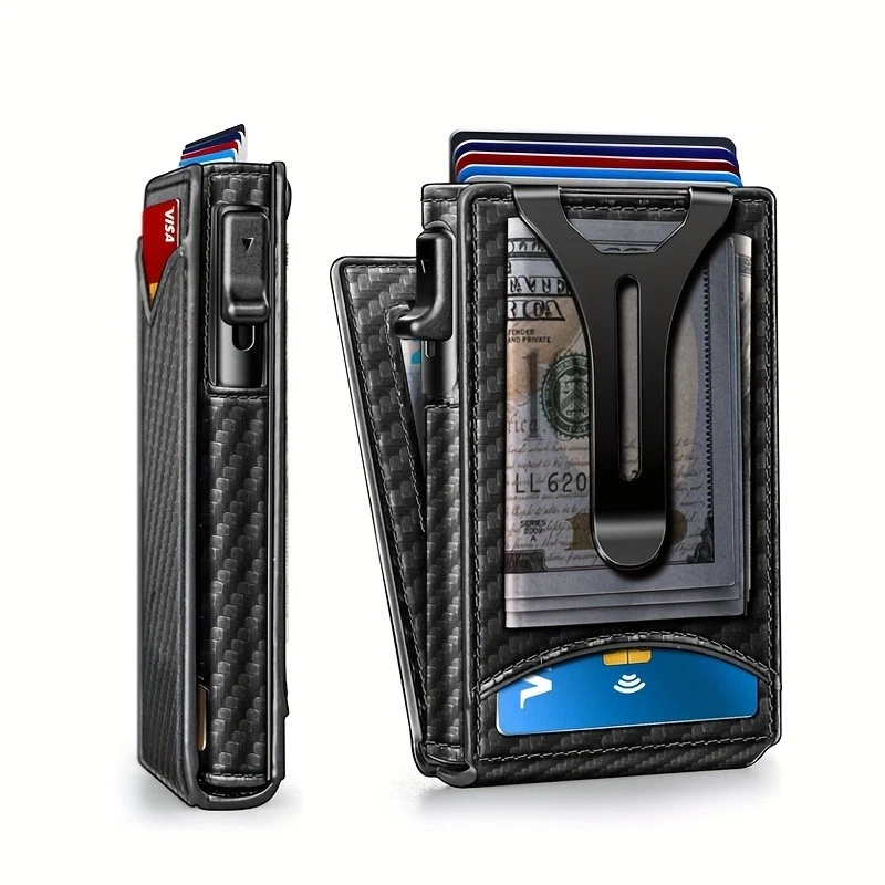 Cartera delgada plegable de fibra de carbono - Bloqueo RFID, clip para dinero, elegante y segura Foto 2 de 4