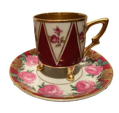 1930s Mitterteich Bavaria Footed Demitasse Cup & Saucer Burgundy Rose