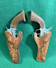 Vintage Pair Cowboy PONY BOY DIECAST TOY CAPGUNS w/ Real Leather HOLSTERS