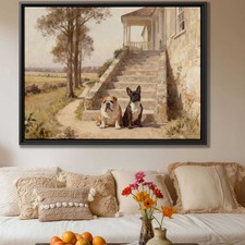 Oil Painting Bulldog Canvas Print Rural Landscape Dog Artwork Living Room Decor