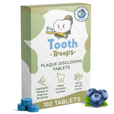 Plaque Disclosing Tablets for Kids & Adults. 102 Count. Blueberry Flavor. Tes...