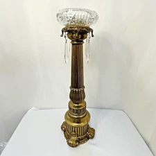 Vintage Floor Brass And Cut Glass Ashtray Stand Hanging Prisms