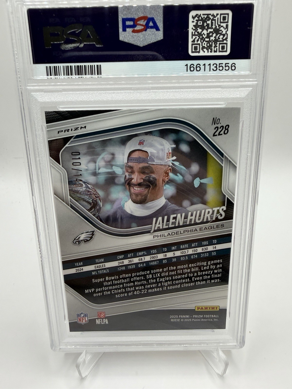 2025 Panini Prizm Jalen Hurts Red Wave #228 PSA 10 Philadelphia Eagles view 2
