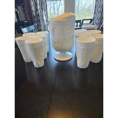 Vintage Westmoreland Milk Glass 12-Pc Set: Paneled Grape Pitcher & 11 Tumblers