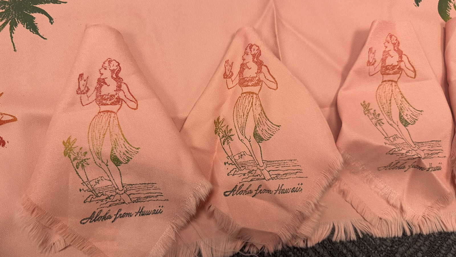 Vintage Pink Coral Tablecloth Napkin Set ALOHA Hawaii Hula Girl Islands