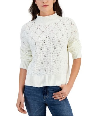 Sugar Moon Womens Chenille Pointelle Pullover Sweater, white, Juniors, M