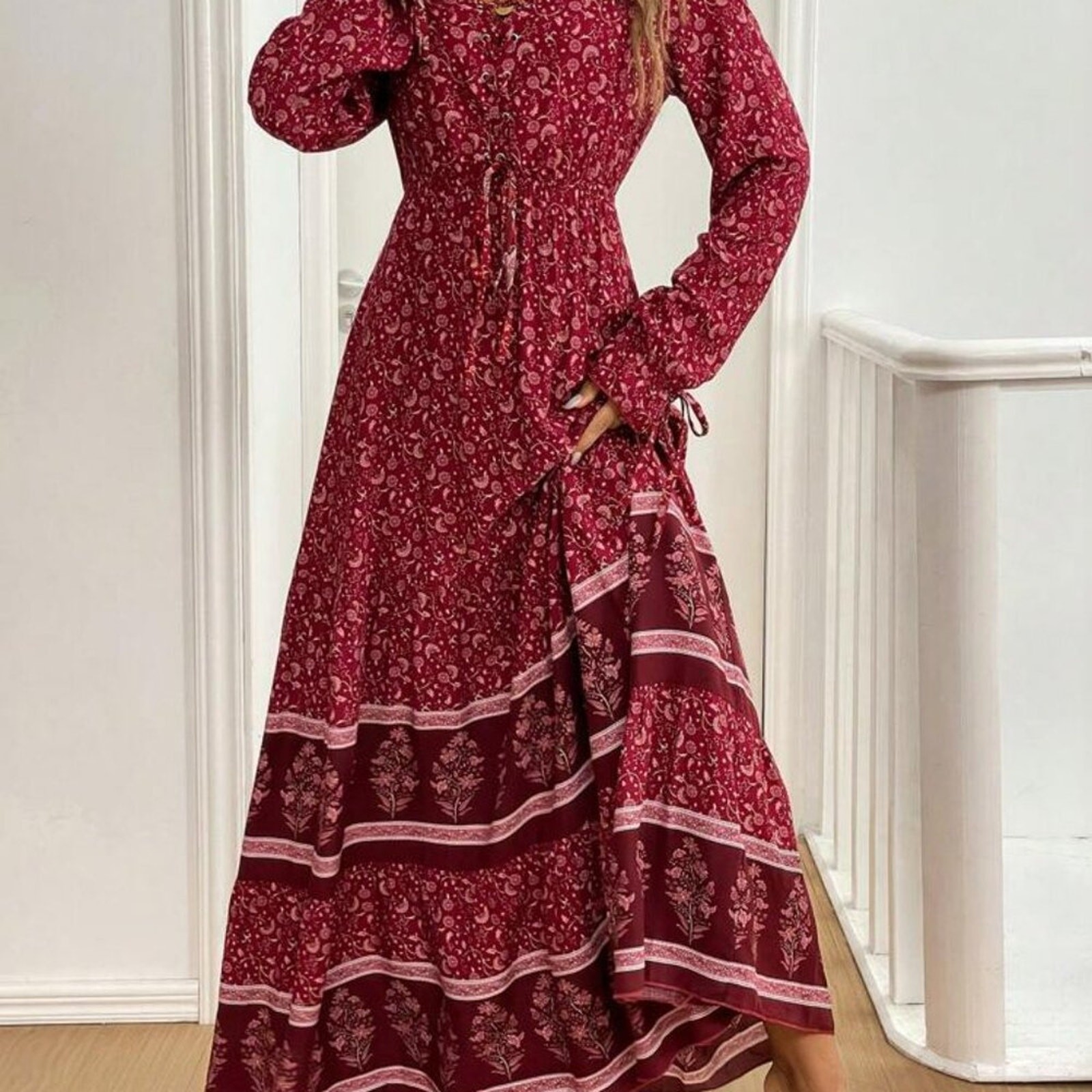 Corset Lace Up Long Sleeve Tiered Boho Red Floral Pasiley Women Maxi Dress S-image