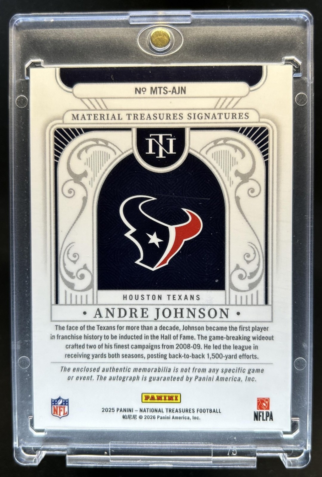 2025 Panini National Treasures Andre Johnson Material Patch Auto #/49 Texans view 2