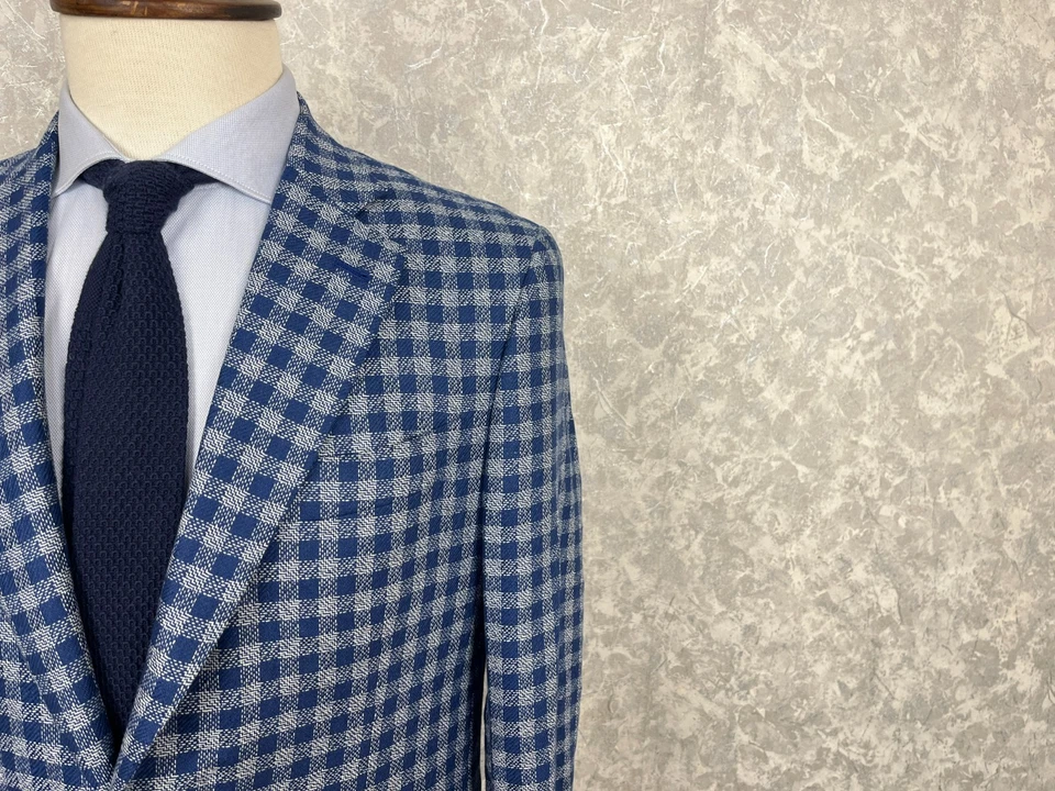 Isaia Napoli Blue White Check 100% Silk Half Lined Handmade Italian Blazer 40 - Image 4 of 4